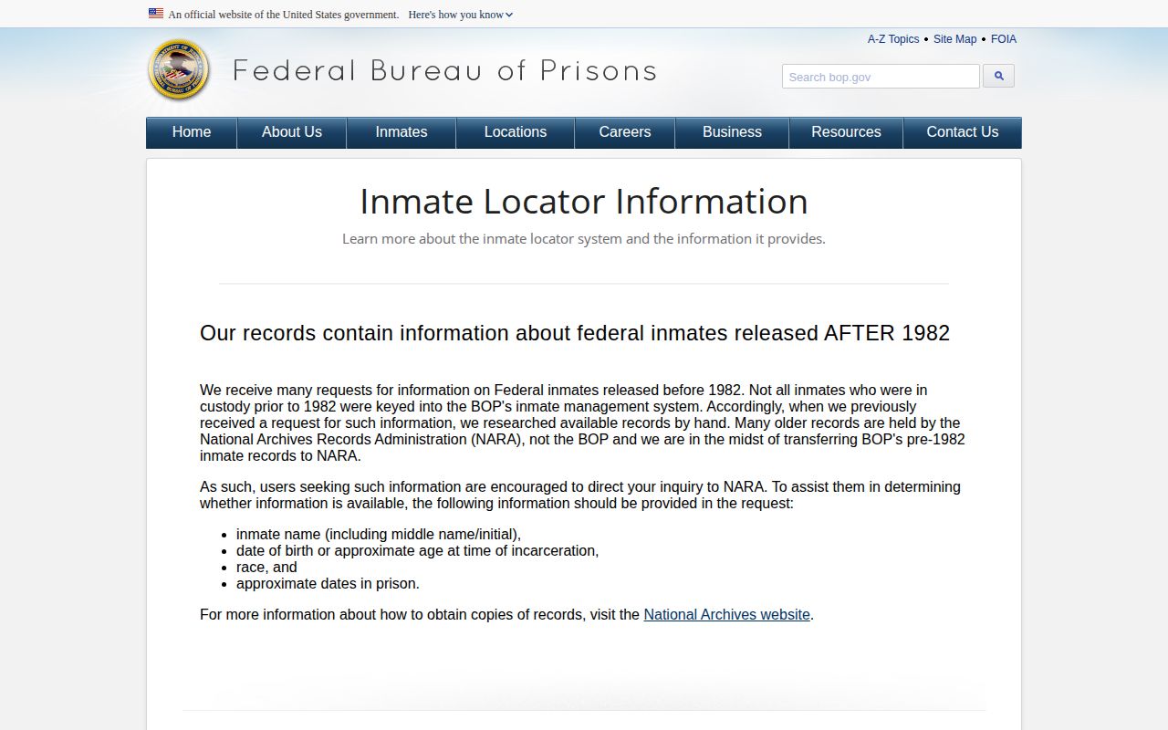 Federal Bureau of Prisons released date interpretation for Union County federal searches