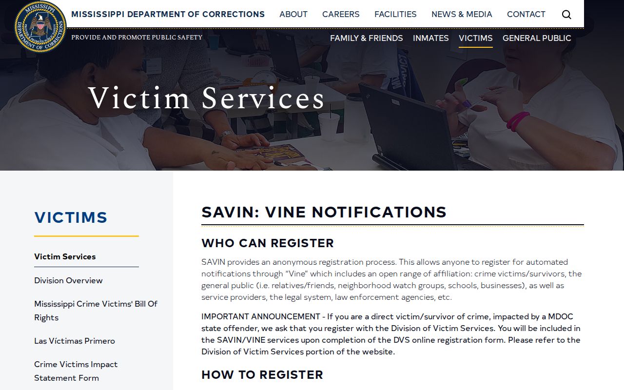Mississippi SAVIN registration and event types for Union County release alerts
